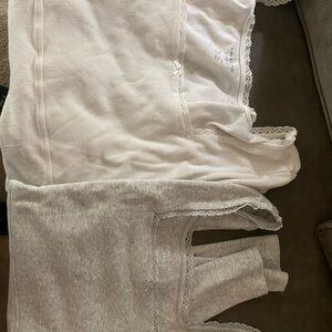 American Eagle Outfitters Gray and White Lace Trim square neck long sleeve shirt